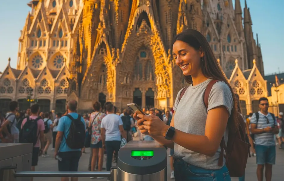 a young girl checking mobile of How Much Are Tickets to Sagrada Familia